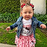 toddler, child, girl, outdoor, tree, grass, denim_jacket, hello_kitty, pink_skirt, red_hearts, pigtails, hair_bows, sidewalk, smiling, cute, fashion, summer_clothes, person, nature, portrait