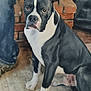 dog, watercolor, painting, black_and_white, sitting, floor, brick_wall, person, legs, art, portrait, pet, indoor, calm, animal, detailed, expression, loyal, companion, texture