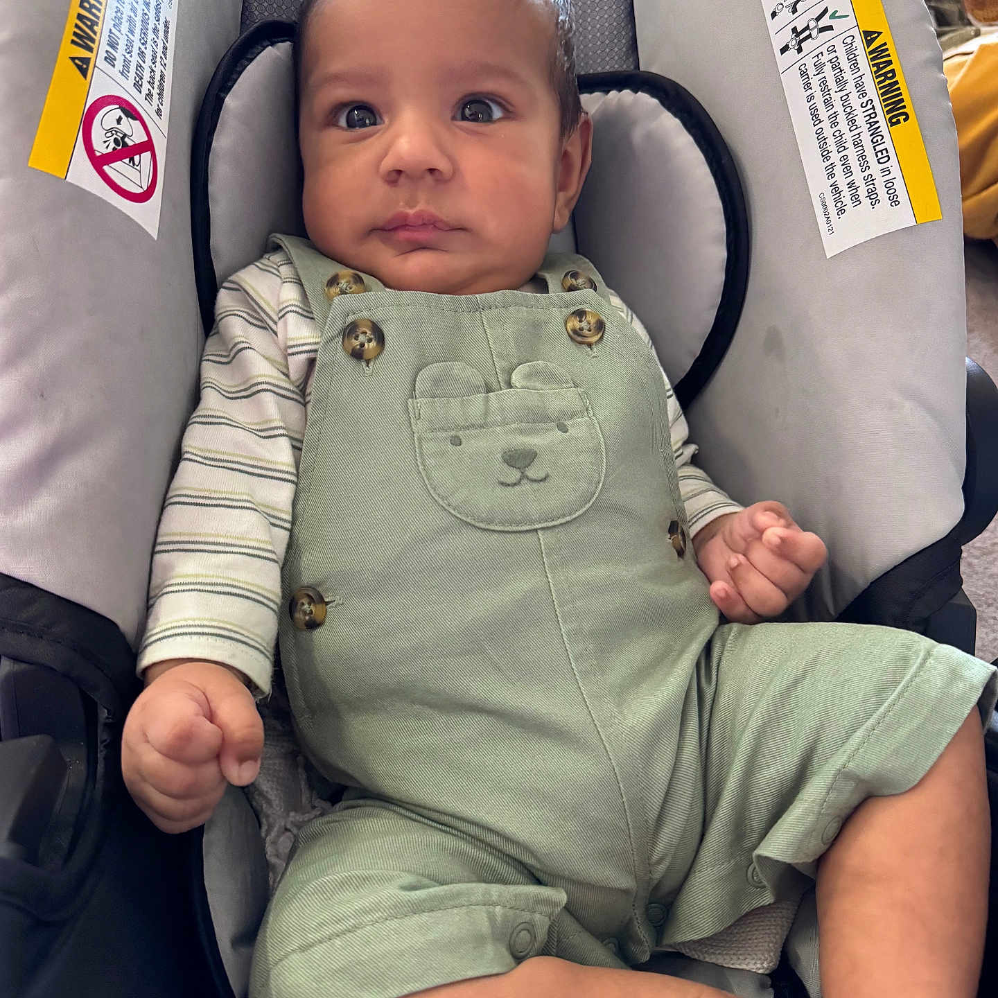 Japman is registered to the contest to win money with this photo: baby, car_seat, child, closeup, clothing, cute, expression, face, feet, green_overalls, hands, indoor, infant, person, portrait, seated, skin, soft_cushion, striped_shirt, warning_label