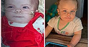 Carley is registered to the contest to win money with this photo: baby, blanket, blue, blue_eyes, brown_hair, child, close_up, collage, face, family_photo, indoor, lying_down, portrait, red_clothing, sitting, smiling, tablet, toddler, toy, two_children