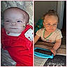 baby, blanket, blue, blue_eyes, brown_hair, child, close_up, collage, face, family_photo, indoor, lying_down, portrait, red_clothing, sitting, smiling, tablet, toddler, toy, two_children