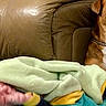 baby, blanket, brown_dog, couch, dog, furniture, leather, looking_away, pet, resting, side_view, soft_blanket, wrapped, young_baby, indoor, chain_collar, animal, comfort, relaxation, home
