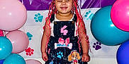Nevaeh is registered to the contest to win money with this photo: background, balloons, birthday, blue, braids, cartoon_characters, celebration, child, dress, girl, happy, indoor, number_four, paw_prints, pink, purple, shoes, smiling, socks, white
