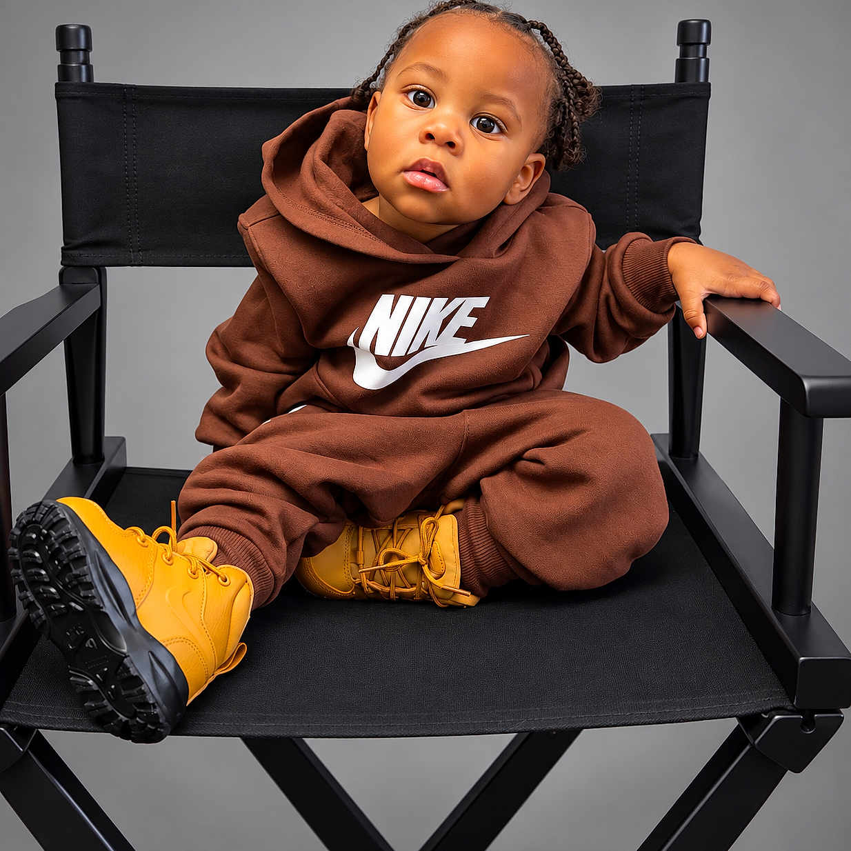 Davier is registered to the contest to win money with this photo: child, toddler, portrait, sitting, director_chair, brown_hoodie, nike, yellow_boots, braided_hair, black_chair, studio, indoor, fashion, streetwear, close_up, full_body, serious_expression, looking_at_camera, photography, safe