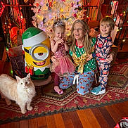 Pete joined the competition — help win amazing prizes! carpet, cat, child, christmas_tree, decorations, family, festive, gift_bag, happy, holiday_lights, holiday_spirit, home, indoor, minion, pajamas, smiling, tiara, toy, woman, wooden_floor