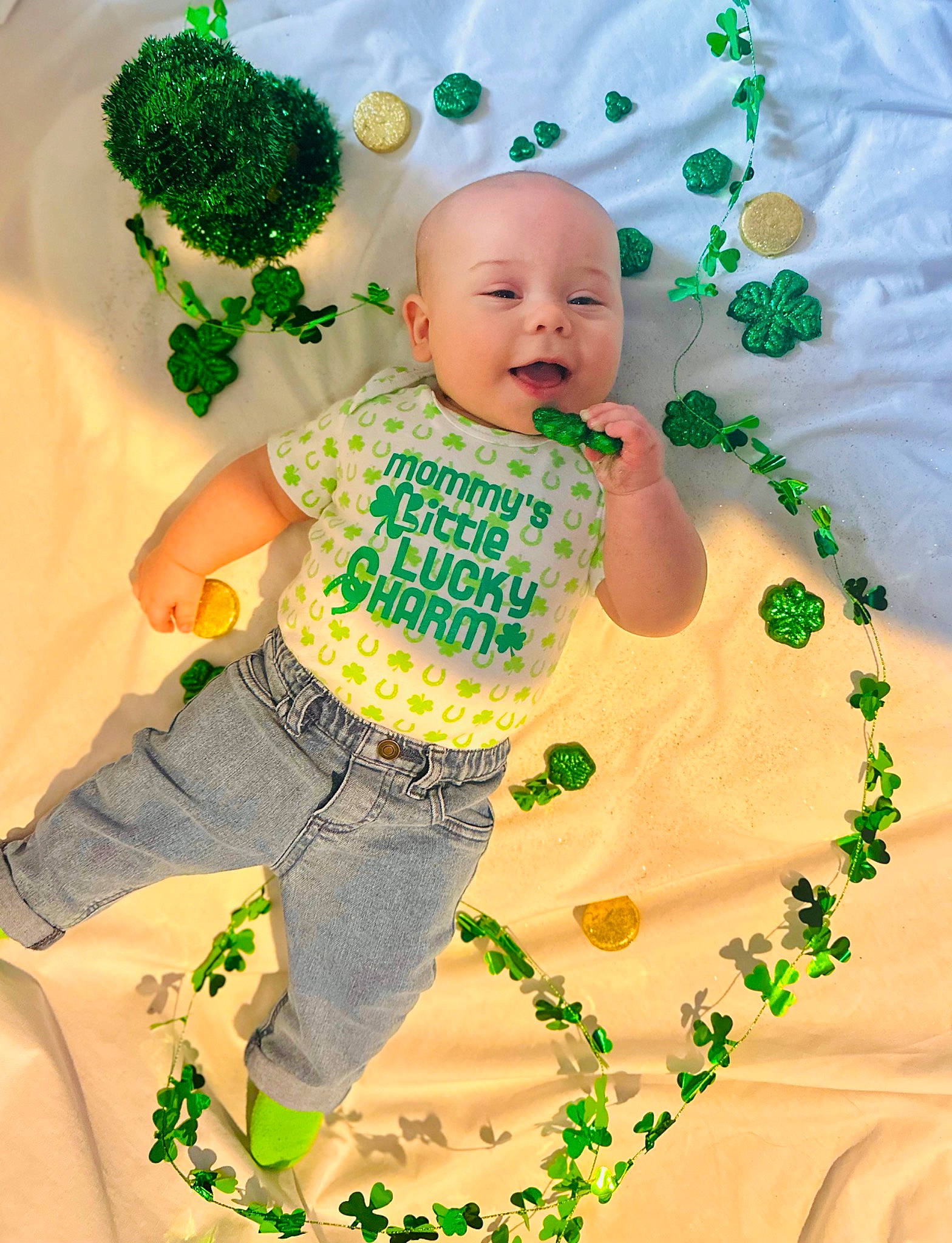 Asher joined the competition — help win amazing prizes! baby, baby_products, baby_toddler_clothing, child, event, fictional_character, green, happy, hat, holiday, pattern, people_in_nature, person, skin, sleeve, smile, sock, t_shirt, textile, toddler