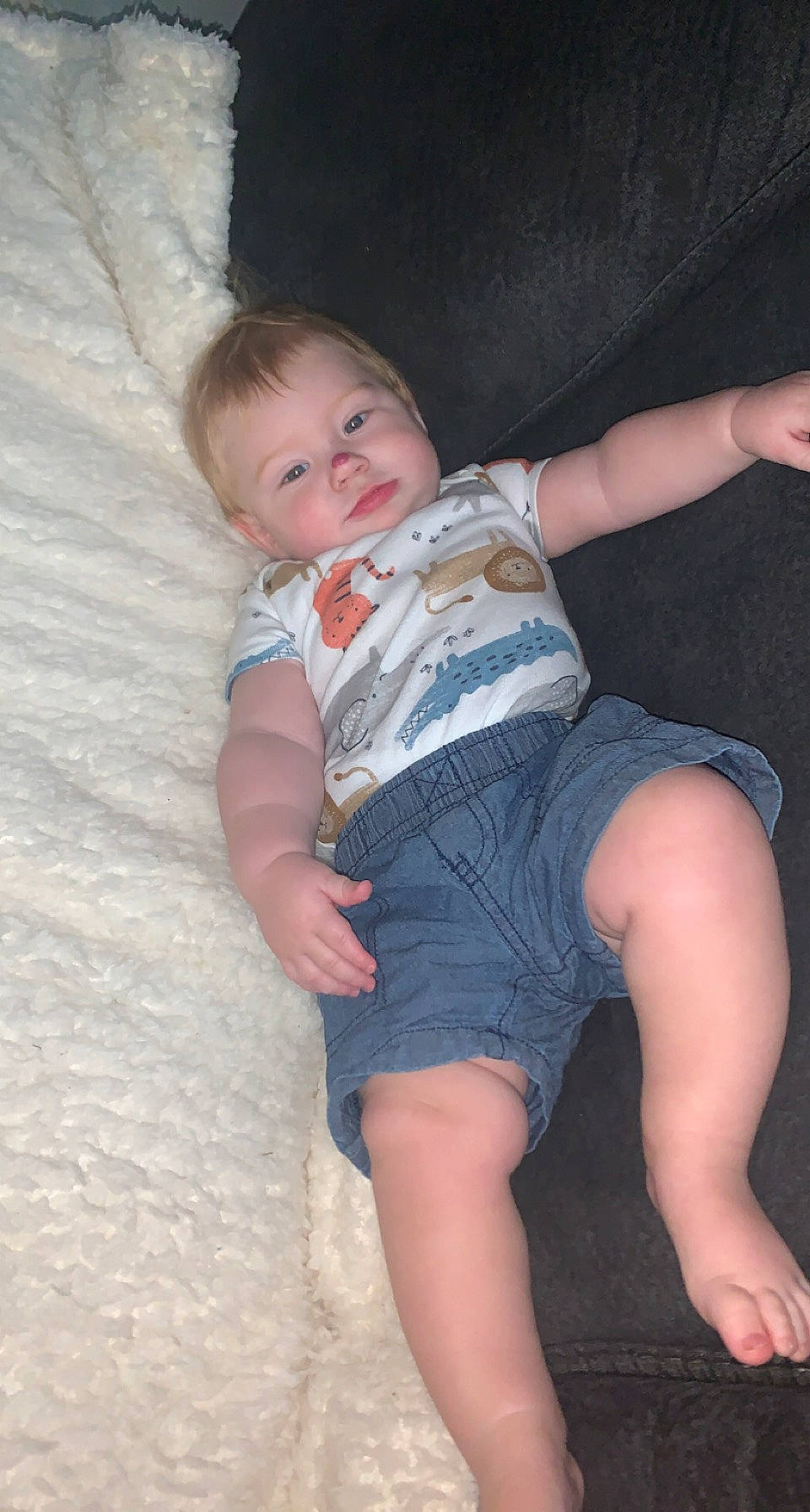 Cyrus joined the competition — help win amazing prizes! baby, baby_toddler_clothing, chin, comfort, eye, flash_photography, hairstyle, head, human_body, iris, joint, lap, leg, mammal, mouth, person, skin, sleeve, standing, stomach