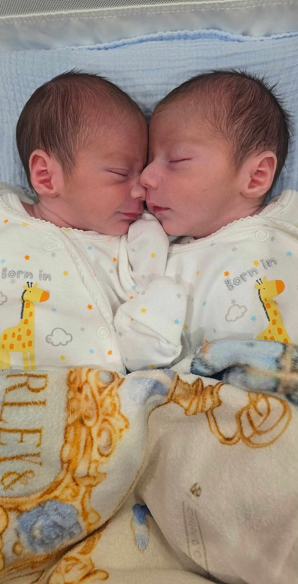 Oscar And Oliver is registered to the contest to win money with this photo: newborn, twins, baby, sleeping, infant, pajamas, blanket, cute, together, bed, cozy, face, head, child, soft, peaceful, family, newborn_clothes, indoors, resting