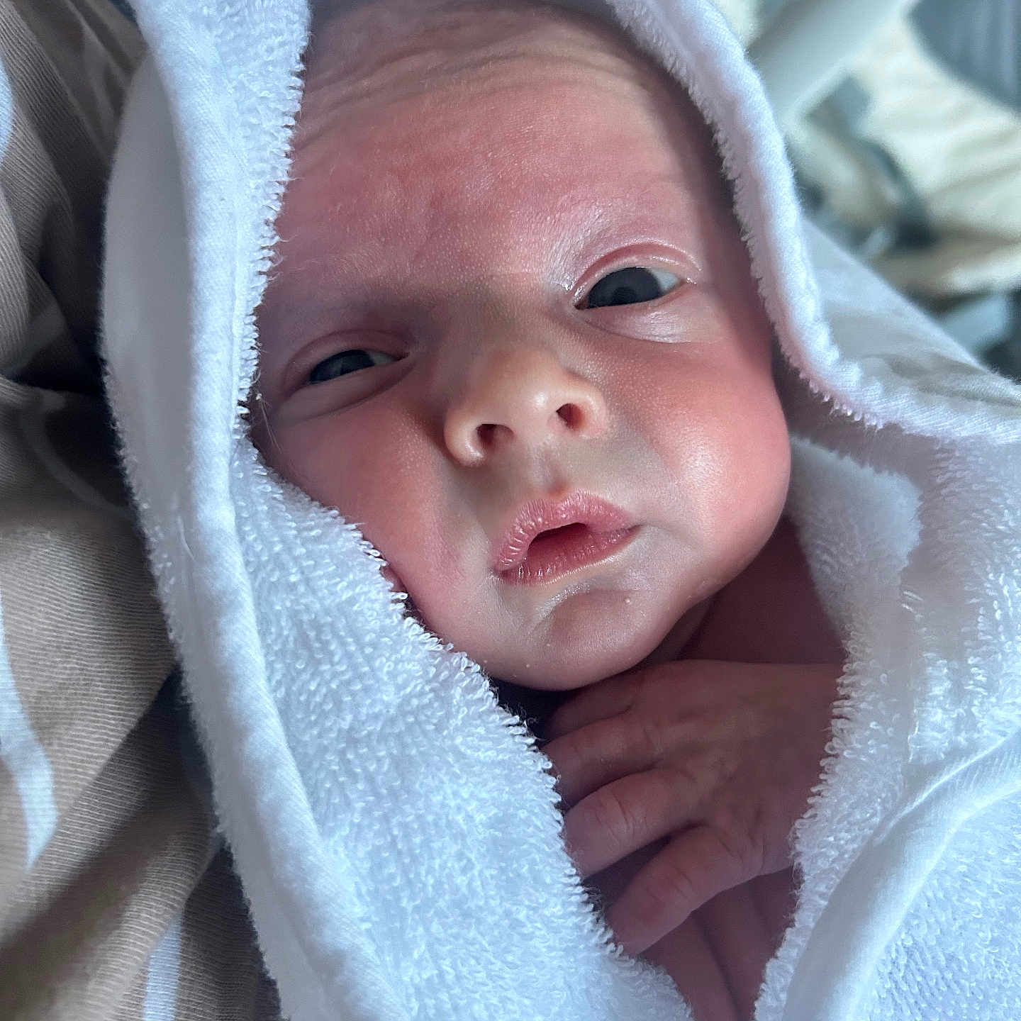 Louie joined the competition — help win amazing prizes! baby, blanket, closeup, cute, expression, eyes, face, hand, indoors, infant, newborn, peaceful, portrait, resting, skin, soft, towel, warm, wrapped, young