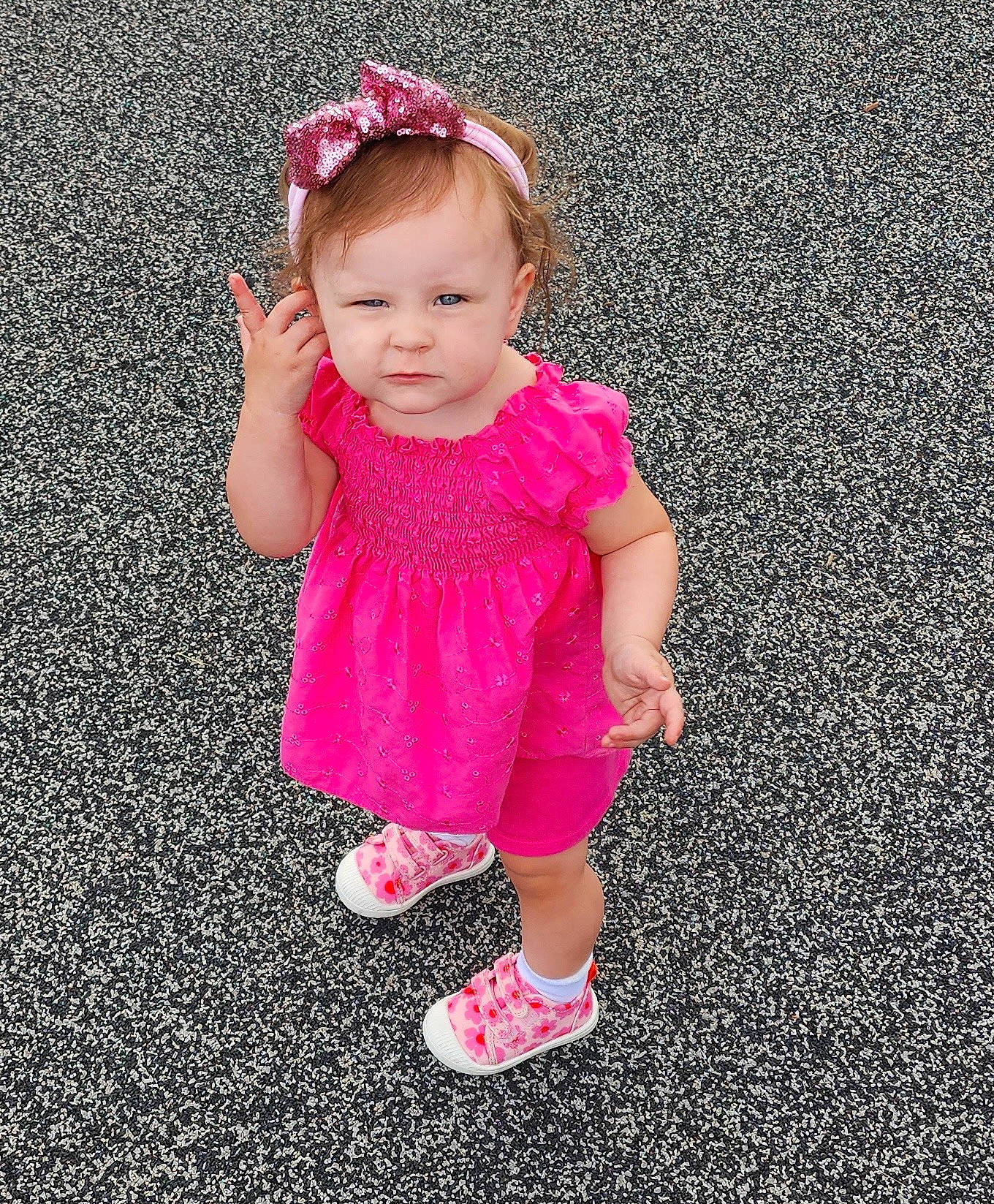 Alexandria joined the competition — help win amazing prizes! arm, baby, baby_toddler_clothing, child, day_dress, dress, fashion_accessory, grass, hand, human_leg, magenta, outerwear, pattern, person, pink, play, skin, sleeve, sock, t_shirt