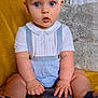 baby, child, blue_eyes, blue_shoes, white_shirt, blue_overalls, smartphone, yellow_blanket, indoor, curious, sitting, plush_cushion, home, portrait, cute, hands, legs, fashion, technology, expression