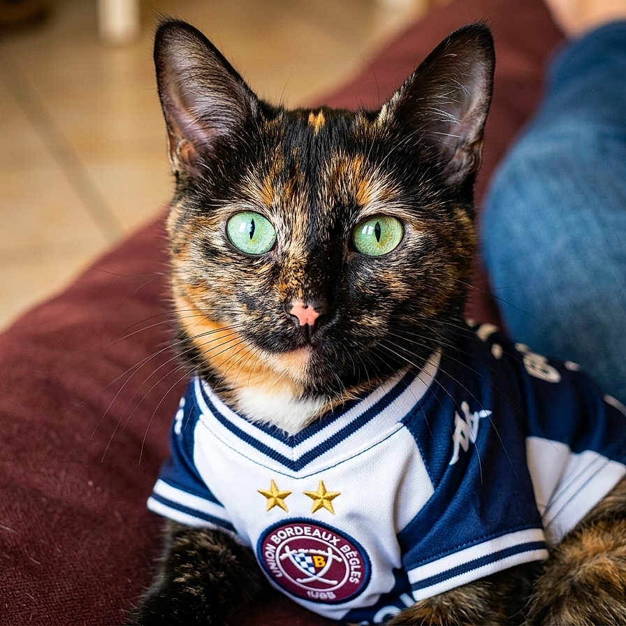 Mimine participe au concours pour gagner de l'argent avec cette photo : cat, tortoiseshell_cat, green_eyes, sports_jersey, couch, indoor, pet, feline, relaxed, maroon_couch, clothing, portrait, animal, domestic_cat, close_up, looking_at_camera, person_in_background, jeans, casual, home