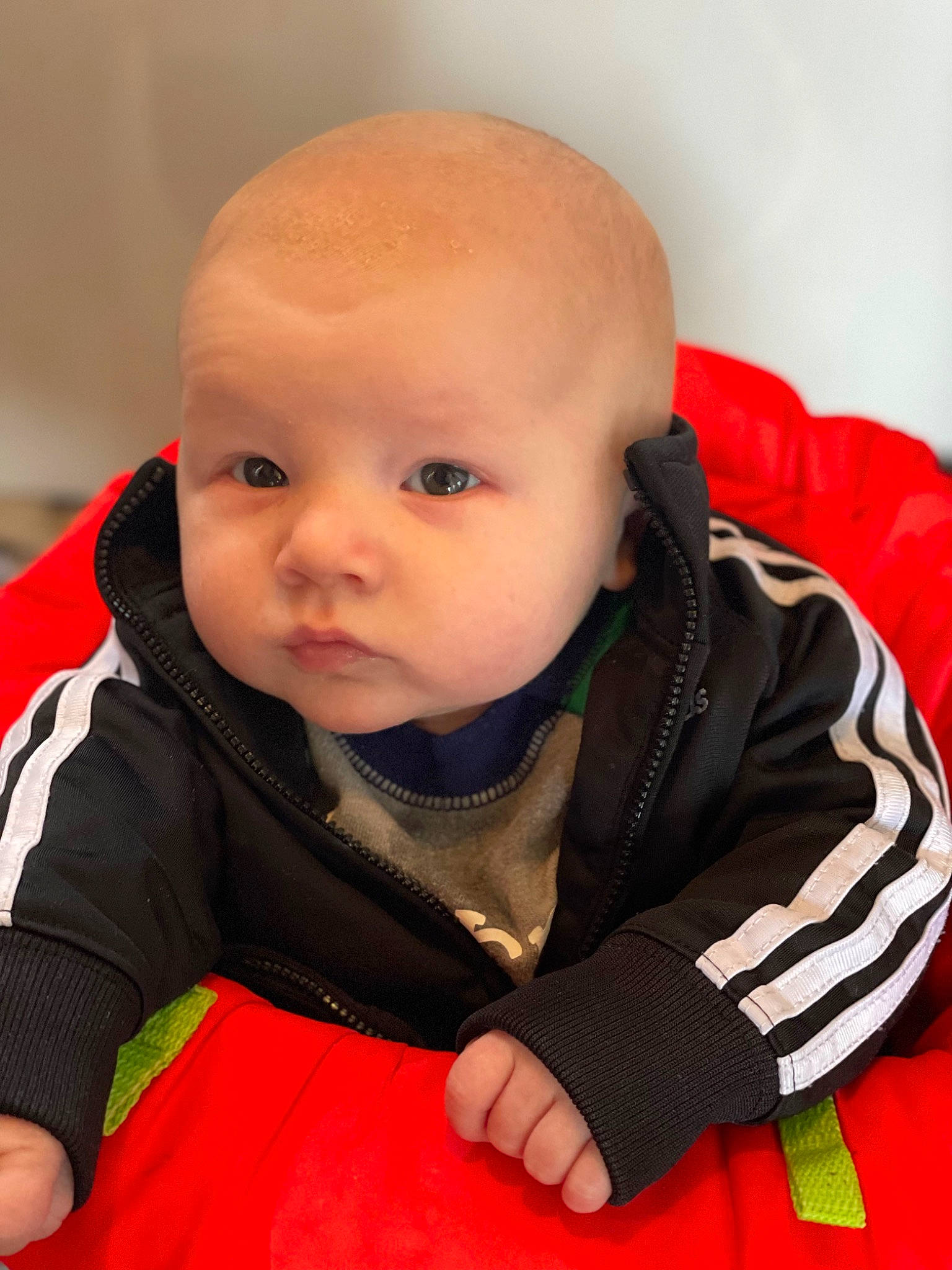 Carter joined the competition — help win amazing prizes! baby, baby_toddler_clothing, carmine, cheek, child, collar, comfort, eye, eyebrow, fun, iris, jacket, lip, nose, orange, outerwear, person, sitting, skin, sleeve