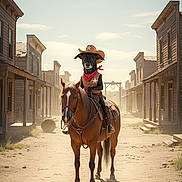 Oscar joined the competition — help win amazing prizes! dog, horse, western, cowboy, hat, bandana, sheriff, riding, deserted_street, wild_west, dusty, wooden_buildings, sunny, animal_costume, outdoor, animal, pet, dust, vintage, ranch