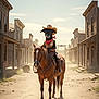 dog, horse, western, cowboy, hat, bandana, sheriff, riding, deserted_street, wild_west, dusty, wooden_buildings, sunny, animal_costume, outdoor, animal, pet, dust, vintage, ranch