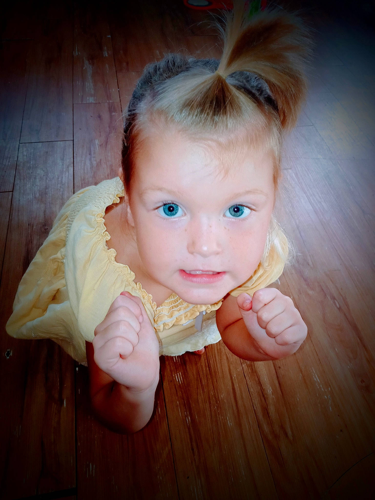 Rylie is registered to the contest to win money with this photo: baby, baby_toddler_clothing, bangs, blond, cheek, ear, eye, eyelash, finger, flash_photography, gesture, happy, head, iris, lip, nose, person, skin, thumb, toddler