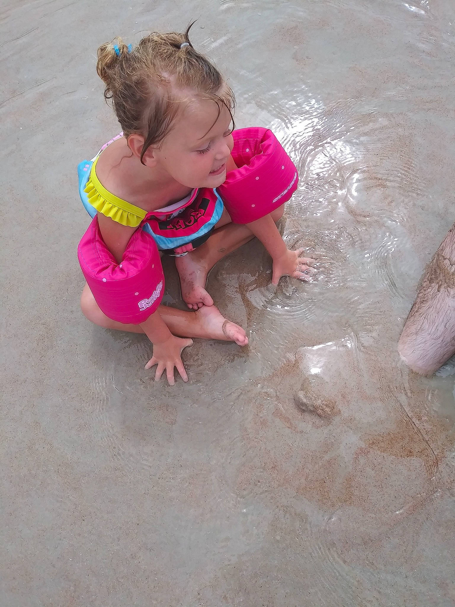 Rylie joined the competition — help win amazing prizes! baby, baby_toddler_clothing, barefoot, bathing, beach, child, flooring, foot, fun, happy, head, leg, leisure, people_on_beach, person, pink, play, recreation, sand, toddler