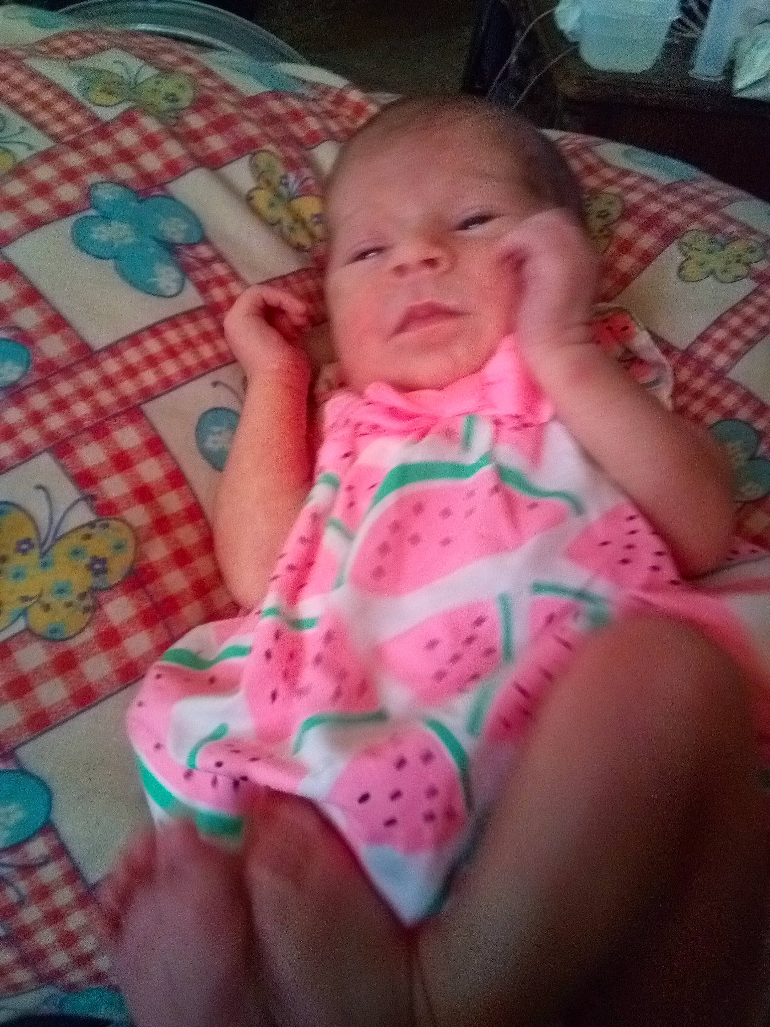 Paisley Elizabeth Burdette is registered to the contest to win money with this photo: baby, cheek, child, facial_expression, finger, fun, mouth, person, pink, sitting, skin, smile, textile, thigh, thumb, toddler