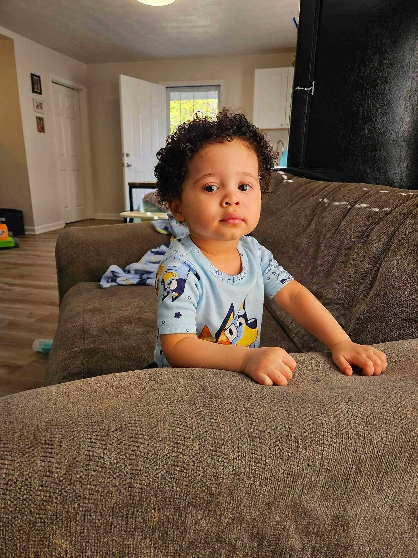 Legend is registered to the contest to win money with this photo: toddler, child, curly_hair, blue_shirt, cartoon_clothing, couch, living_room, interior, door, window, natural_light, flooring, furniture, person, portrait, indoor, young_child, sitting, hands, expression