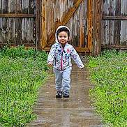 Legend is registered to the contest to win money with this photo: toddler, child, hoodie, jacket, walking, pathway, wet, outdoor, garden, greenery, wooden_fence, smile, shoes, plants, nature, young_child, casual_clothing, daylight, cute, happy