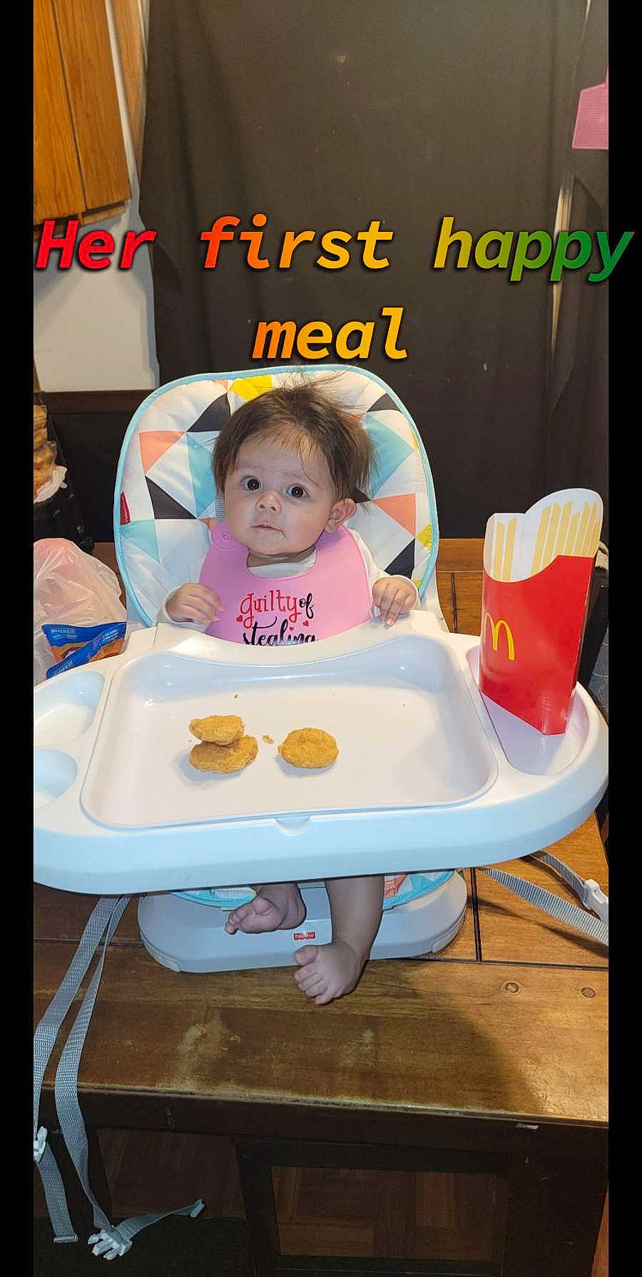 Aviana is registered to the contest to win money with this photo: baby, baby_products, baby_toddler_clothing, bib, chair, child, comfort_food, event, font, fun, happy, person, plate, play, room, sharing, sitting, sweetness, t_shirt, tableware