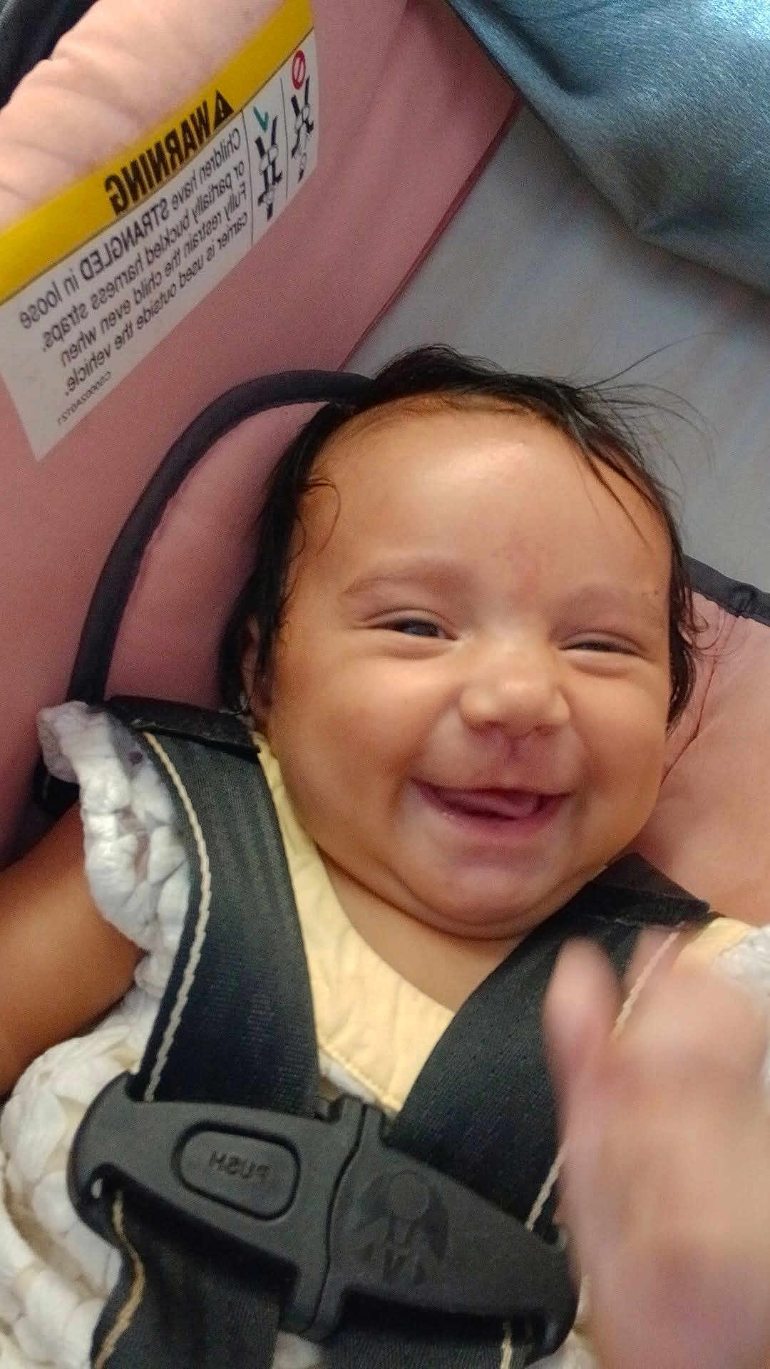 Ava Sherman joined the competition — help win amazing prizes! baby, car_seat, cheerful, child, closeup, clothing, cute, face, hand, happy, head, indoors, infant, people, person, safety_harness, seatbelt, smiling, warning_label, young_child