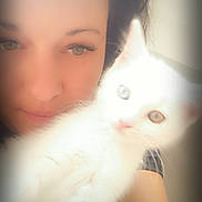 White participe au concours pour gagner de l'argent avec cette photo : person, cat, white_cat, heterochromia, close_up, selfie, face, fur, pet, animal, indoor, portrait, soft_focus, blurry, cute, eyes, whiskers, feline, companion, light
