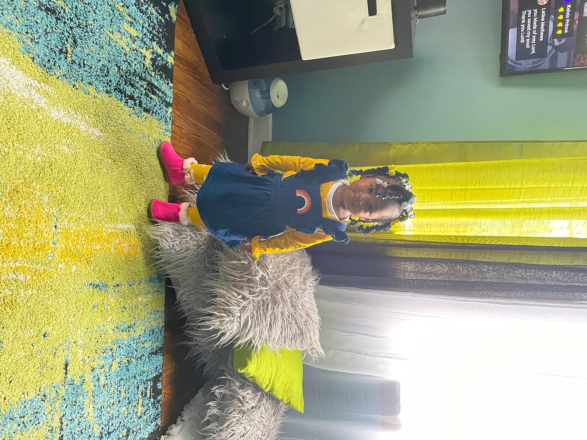 Zia is registered to the contest to win money with this photo: concrete, door, electric_blue, flooring, fun, fur, leisure, magenta, person, picture_frame, room, tail, visual_arts, wall