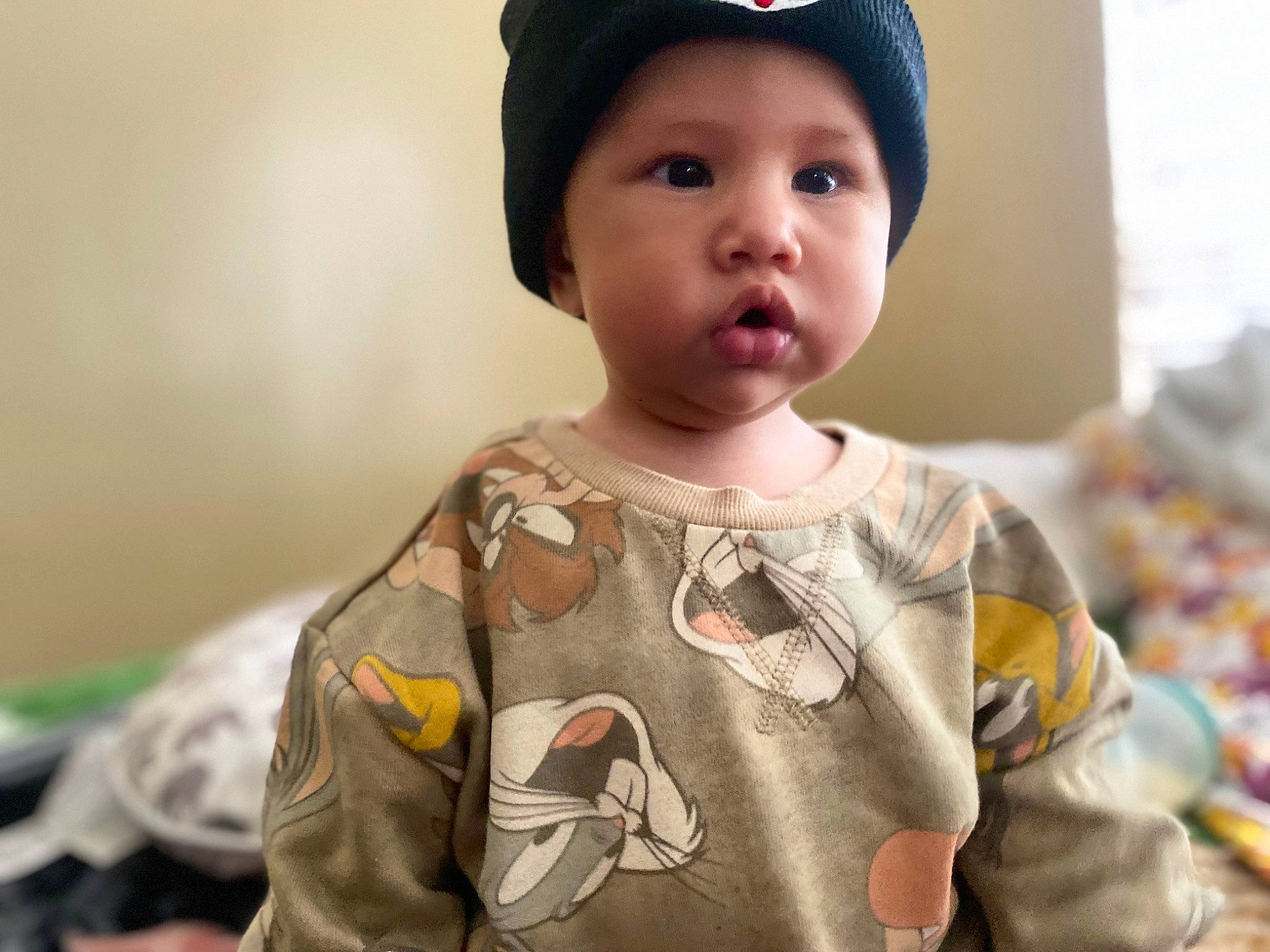 Leland joined the competition — help win amazing prizes! baby, baby_toddler_clothing, baseball_cap, cap, cheek, child, face, fashion_accessory, flash_photography, fun, happy, headwear, pattern, person, portrait_photography, room, sitting, skin, sleeve, t_shirt