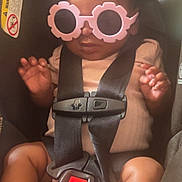 Madisyn joined the competition — help win amazing prizes! baby, car_seat, sunglasses, pink, child, infant, seatbelt, cute, fashion, accessory, feet, hands, clothing, safety, portrait, indoors, relaxing, child_seat, baby_boy, adorable