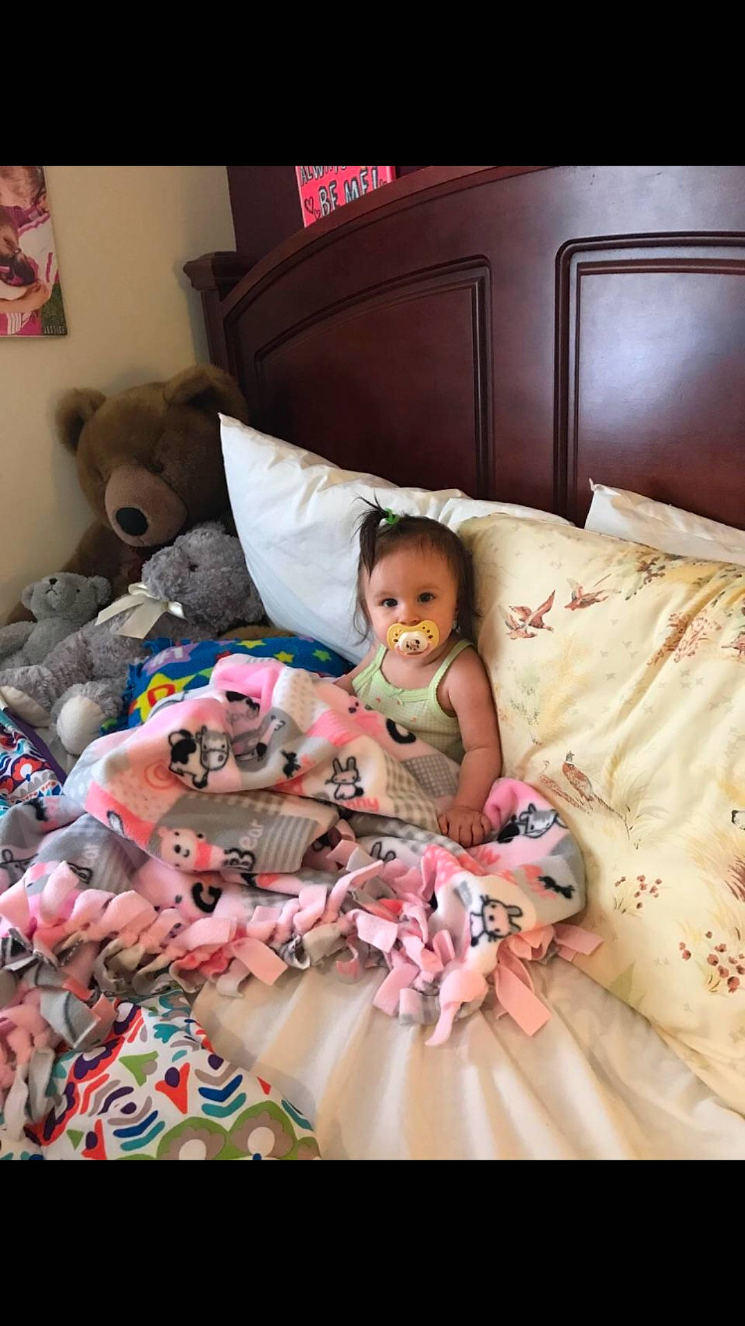 Madison joined the competition — help win amazing prizes! bed, bed_sheet, bedding, bedtime, child, day, fun, girl, infant, linens, material, person, pink, product, room, skin, textile, toddler