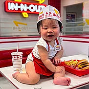 Arden is registered to the contest to win money with this photo: baby, child, smiling, table, food, fries, burger, cup, fast_food, restaurant, in_n_out, hat, name_tag, red_apron, indoor, high_chair, cute, chubby, person, happy