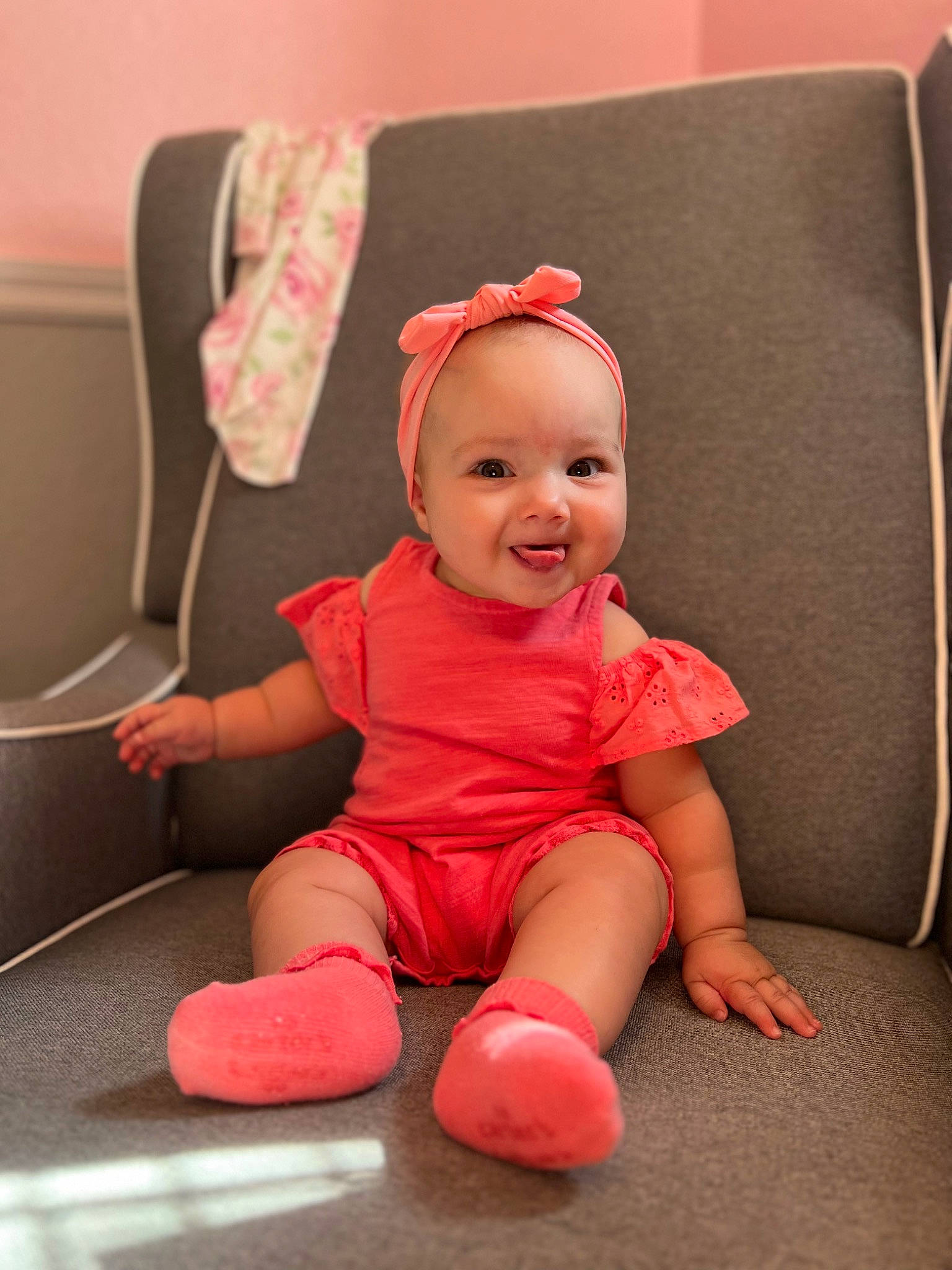 Kiara joined the competition — help win amazing prizes! baby, baby_toddler_clothing, carmine, cheek, child, comfort, face, flooring, foot, fun, happy, head, human_leg, joy, knee, magenta, person, pink, sitting, sleeve