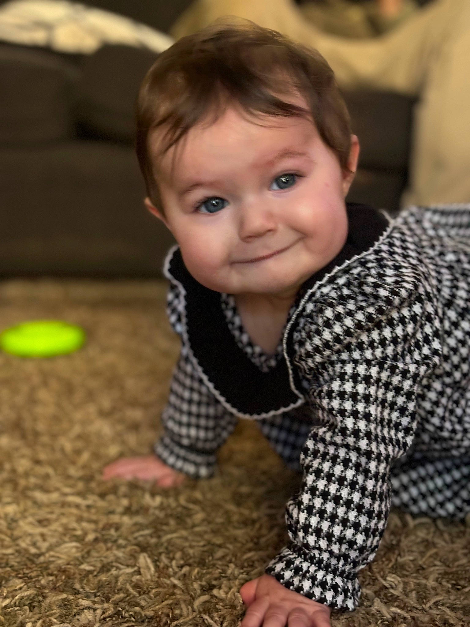 Kaisley is registered to the contest to win money with this photo: baby, baby_toddler_clothing, child, crawling, facial_expression, finger, floor, flooring, fun, grass, hairstyle, happy, head, joy, pattern, people_in_nature, person, sitting, skin, smile