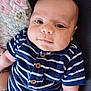 Tommy joined the competition — help win amazing prizes! baby, child, infant, face, portrait, striped_shirt, clothing, wooden_buttons, quilt, floral_pattern, blue_shirt, cute, young_child, person, skin, head, eyes, arm, indoors, lying_down