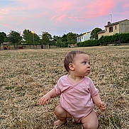 Léna participe au concours pour gagner de l'argent avec cette photo : baby, barefoot, casual, child, curious, evening, field, grass, houses, kneeling, nature, outdoor, person, pink_clothing, portrait, sky, suburban, sunset, trees, young_child