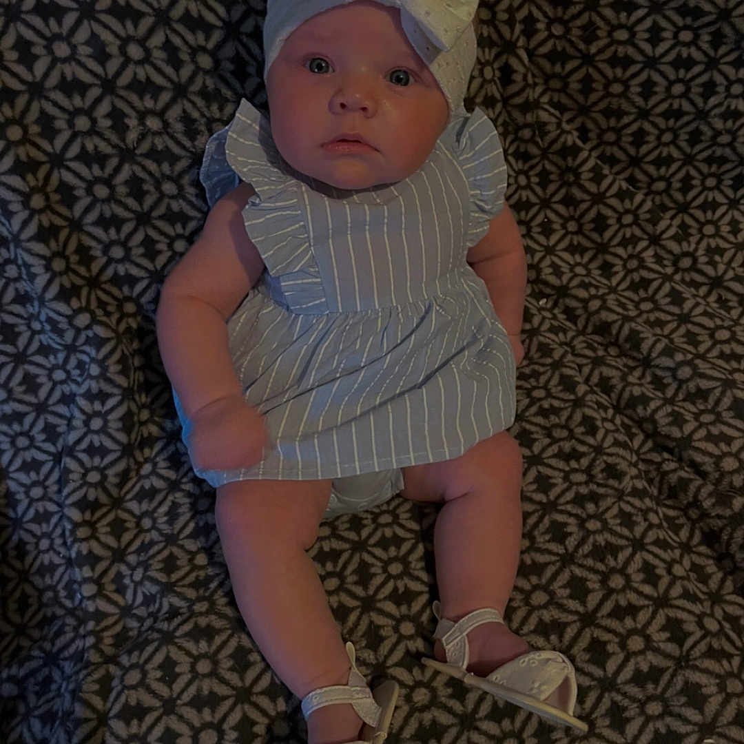 Kalaiya joined the competition — help win amazing prizes! baby, baby_fashion, blue_dress, bow, child, cute, dress, floral_pattern, footwear, headband, indoors, infant, looking_at_camera, lying_down, patterned_blanket, portrait, sandals, small_child, soft_lighting, white_accessories