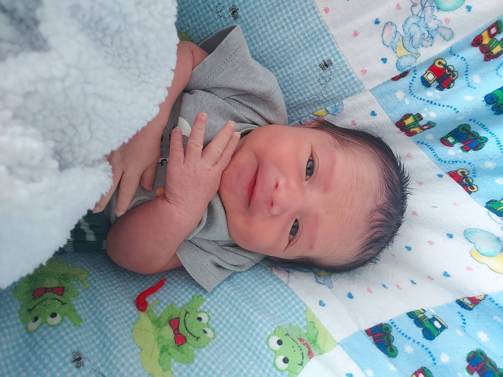 Ricardo is registered to the contest to win money with this photo: baby, baby_products, baby_toddler_clothing, bed_sheet, bedding, bedtime, child, comfort, grass, green, happy, linens, nap_mat, pattern, person, room, skin, textile, toddler, white