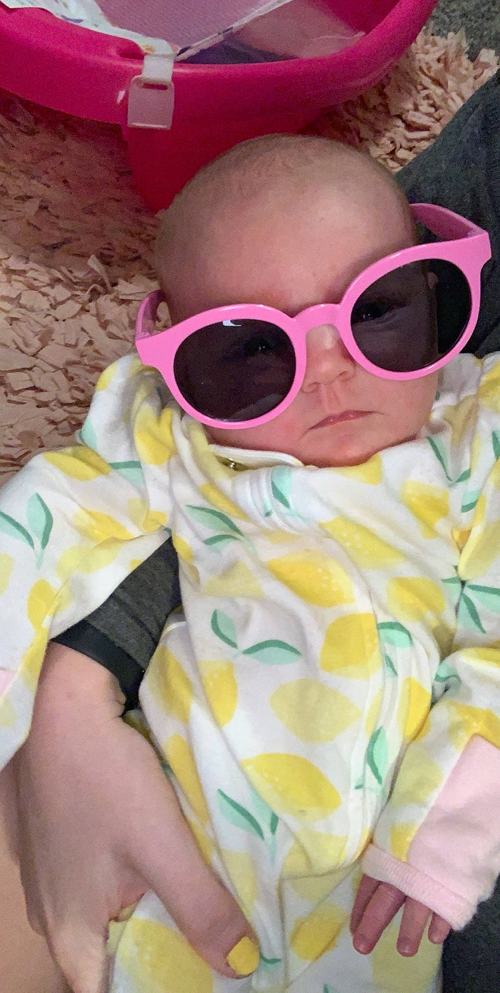 Kensington is registered to the contest to win money with this photo: baby, child, cool, eyewear, fun, glasses, goggles, person, personal_protective_equipment, pink, selfie, smile, sunglasses, toddler, vision_care, yellow