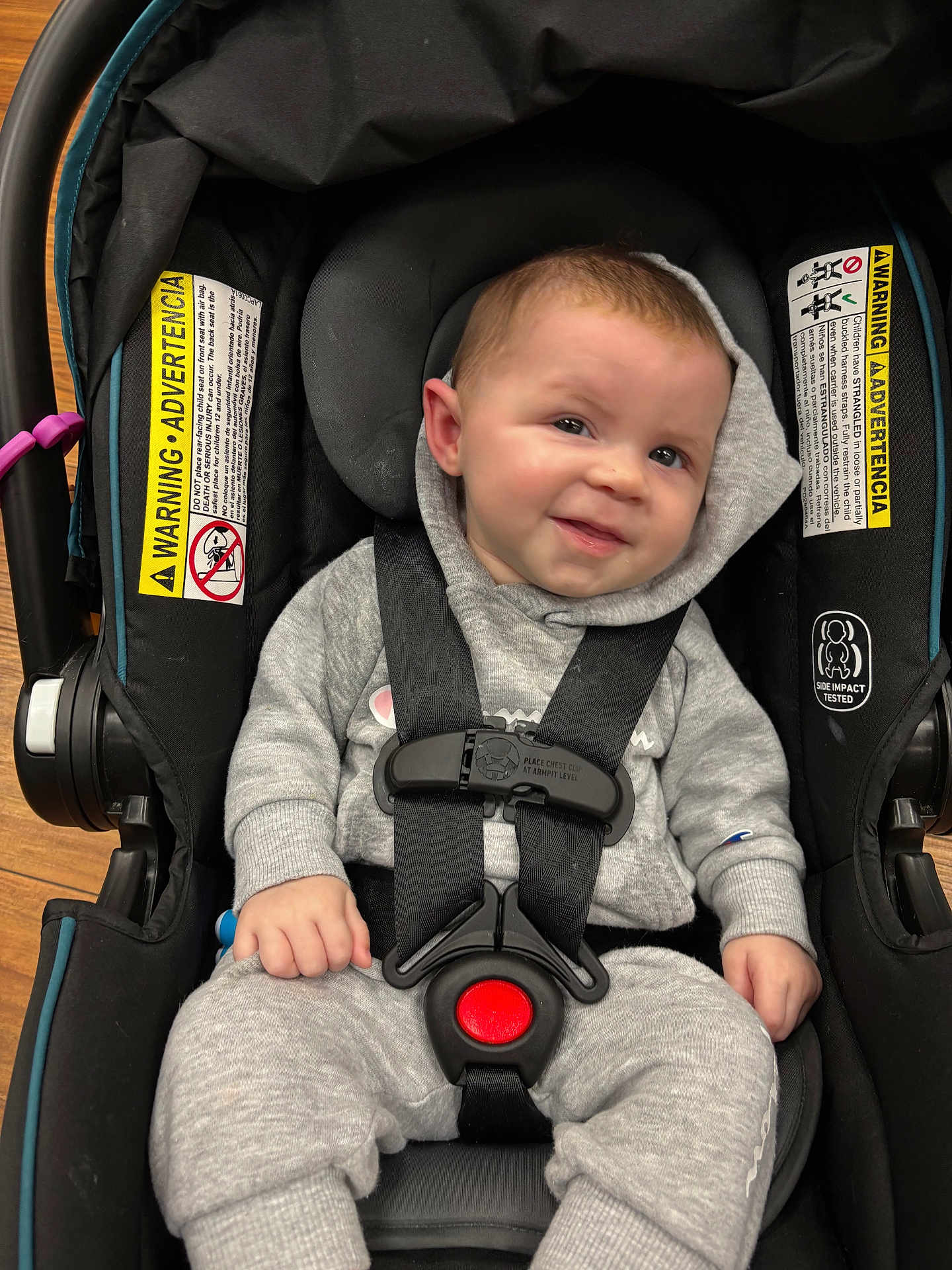 Locklynn joined the competition — help win amazing prizes! baby, infant, car_seat, harness, gray_clothing, hoodie, smile, child, seat_belt, safety, indoor, cute, happy, person, young, portrait, face, small_hand, wood_floor, warning_label