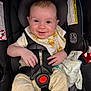 baby, car_seat, child, smiling, winnie_the_pooh, bib, knit_pants, infant, seatbelt, happy, cute, portrait, indoor, clothing, fabric, safety, child_safety, seat, person, baby_accessory