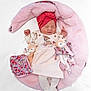 baby, newborn, sleeping, pink, headwrap, plush_toy, cushion, soft, cozy, child, clothing, cute, infant, bed, rest, portrait, peaceful, fabric, toy, sleep
