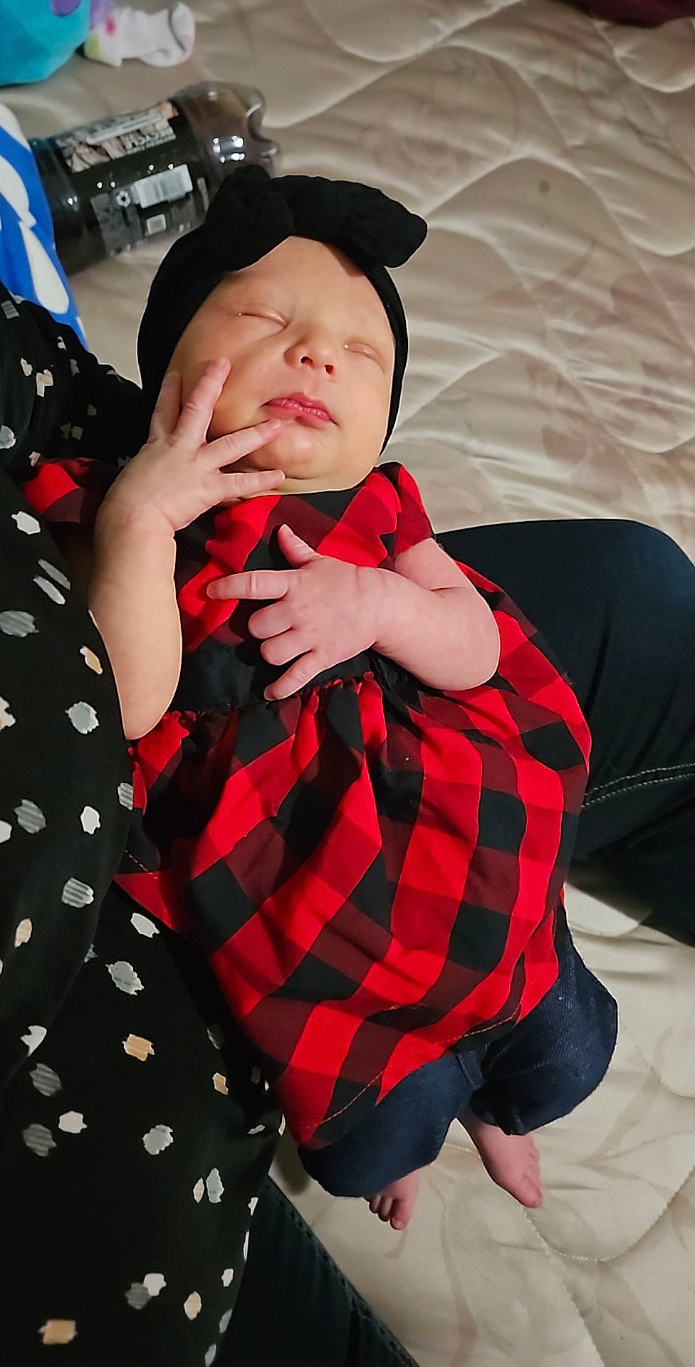Neveah joined the competition — help win amazing prizes! abdomen, baby, baby_toddler_clothing, child, collar, comfort, finger, formal_wear, gesture, happy, human_leg, linens, pattern, person, plaid, sitting, sleeve, tartan, textile, thigh