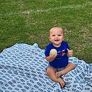 Camden is registered to the contest to win money with this photo: baby, ball, barefoot, blanket, blue_shirt, cheerful, child, cute, daylight, grass, greenery, happy, nature, outdoor, play, portrait, sitting, smiling, toddler, young_child