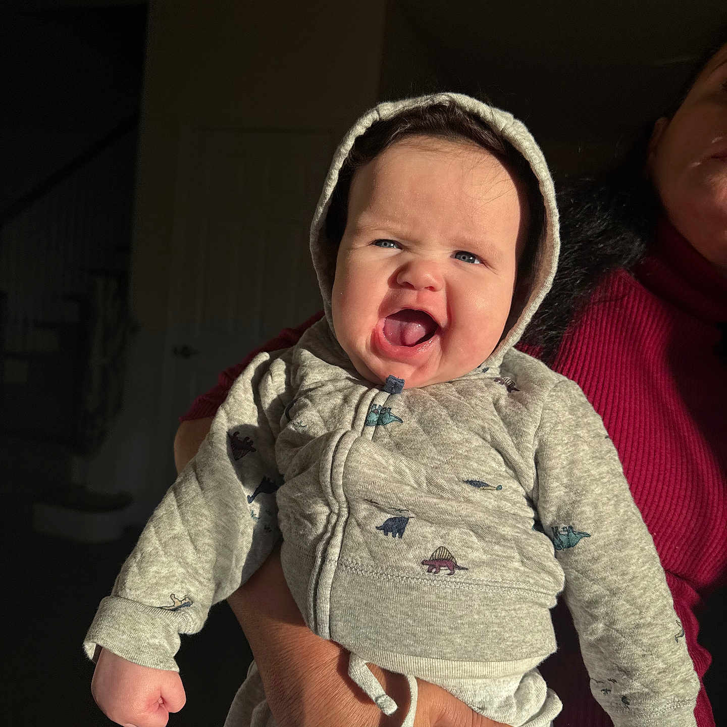Anthony Melo is registered to the contest to win money with this photo: adult_hand, baby, blue_eyes, child, clothing, cute, dinosaur_print, expression, face, hand, hoodie, indoor, infant, light, person, portrait, shadow, smiling, sweatshirt, warm_light