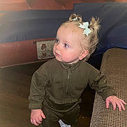Nayeli joined the competition — help win amazing prizes! toddler, child, pigtails, bows, standing, couch, sneakers, floor, wooden_floor, indoor, clothing, curious, looking_away, young_child, person, furniture, long_sleeves, pants, zipper, casual_wear