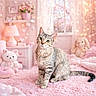 bed, bedroom, blanket, bunny, cat, cozy, curtains, fairy_lights, heart_decor, lamp, pastel, pet, pink, plush_toy, rug, stuffed_animal, tabby_cat, teddy_bear, vase_with_flowers, window