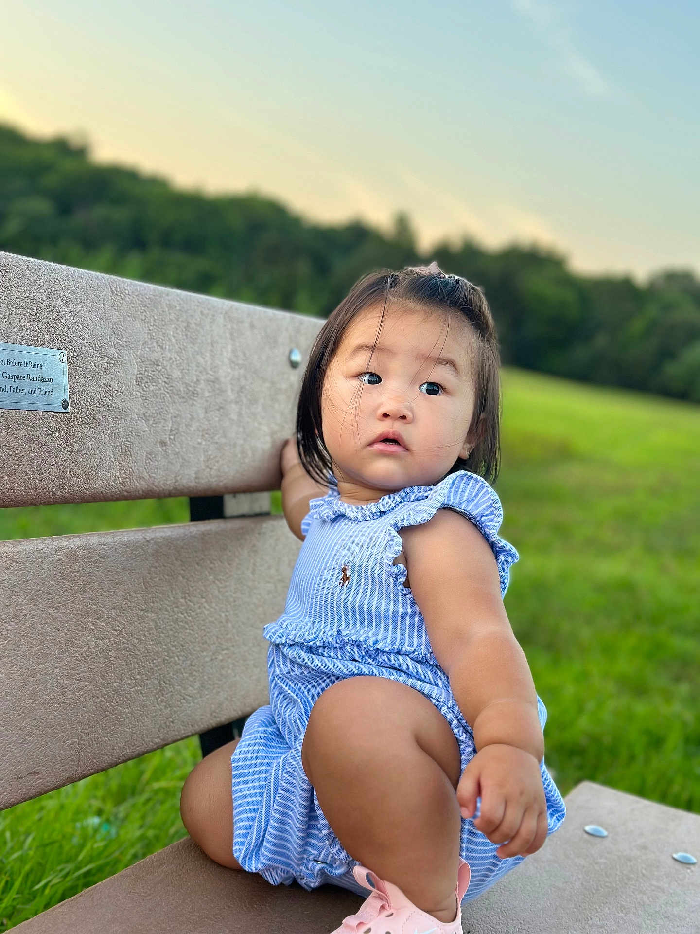 Alisa joined the competition — help win amazing prizes! toddler, child, bench, outdoor, grass, nature, blue_clothing, romper, curly_hair, cute, portrait, daylight, casual, sneakers, park, greenery, young_child, sitting, expression, summer