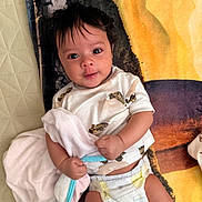 Arjun is registered to the contest to win money with this photo: baby, infant, towel, blanket, diaper, shirt, cute, lying_down, clothing, child, bed, soft, hand, face, smiling, indoors, person, young, comfort, playful