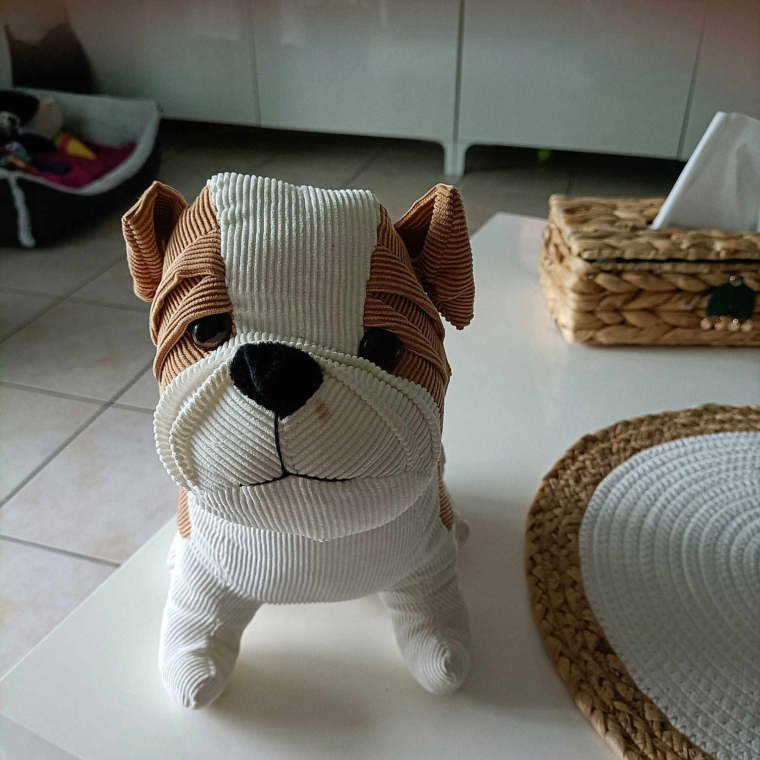 Uby participe au concours pour gagner de l'argent avec cette photo : art, basket, carnivore, companion_dog, creative_arts, dog, dog_breed, dog_supply, fashion_accessory, fawn, felidae, flooring, pattern, rectangle, snout, tail, toy, wicker, wood, working_animal